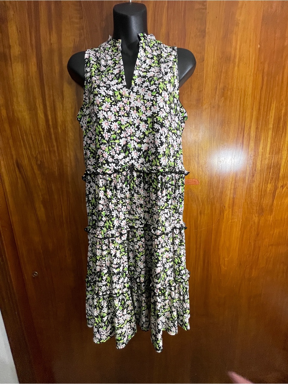 Tommy Hilfiger Black Midi Dress with Pink Floral & Green Leaves